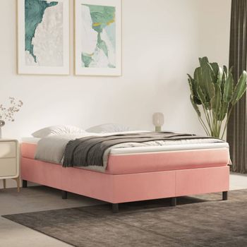 Cama Doble | Cama Box Spring | Cama Para Adultos Con Colchón Terciopelo Rosa 140x190 Cm Cfw255074