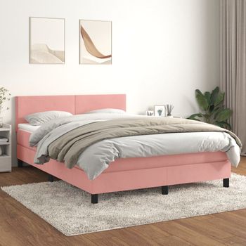 Cama Matrimonial | Cama Para Adultos | Cama Box Spring Con Colchón Terciopelo Rosa 140x190 Cm Cfw414888