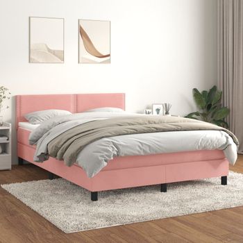 Cama Matrimonial | Cama Para Adultos | Cama Box Spring Con Colchón Terciopelo Rosa 140x200 Cm Cfw193877