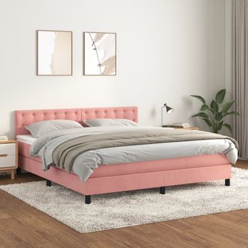 Cama Doble | Cama Box Spring | Cama Para Adultos Con Colchón Terciopelo Rosa 160x200 Cm Cfw339700