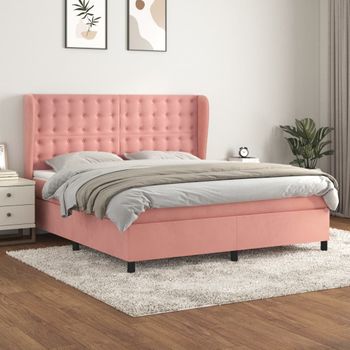 Cama Matrimonial | Cama Para Adultos | Cama Box Spring Con Colchón Terciopelo Rosa 180x200 Cm Cfw897912