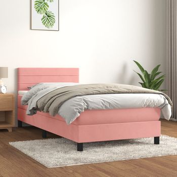 Cama Individual | Cama Box Spring | Cama Para Adultos Con Colchón Terciopelo Rosa 90x200 Cm Cfw393210