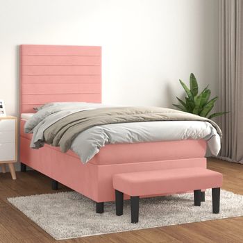 Cama Individual | Cama Box Spring | Cama Para Adultos Con Colchón Terciopelo Rosa 90x200 Cm Cfw425518