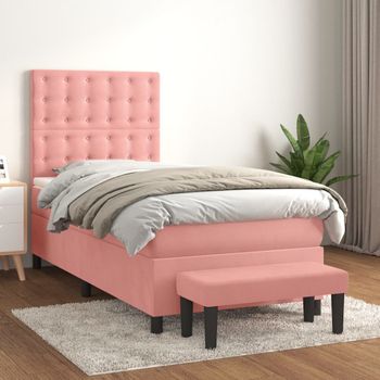 Cama Para Adulto | Cama Individual | Cama Box Spring Con Colchón Terciopelo Rosa 90x200 Cm Cfw628432