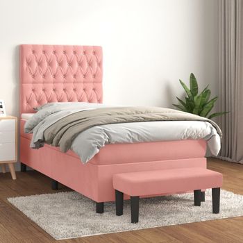 Cama Individual | Cama Para Adultos | Cama Box Spring Con Colchón Terciopelo Rosa 90x200 Cm Cfw221544