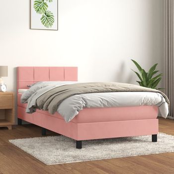 Cama Individual | Cama Para Adultos | Cama Box Spring Con Colchón Terciopelo Rosa 90x200 Cm Cfw288257