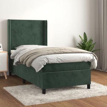 Cama Individual | Cama Box Spring | Cama Para Adultos Con Colchón Terciopelo Verde Oscuro 100x200 Cm Cfw380215