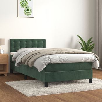 Cama Individual | Cama Para Adultos | Cama Box Spring Con Colchón Terciopelo Verde Oscuro 100x200 Cm Cfw345511