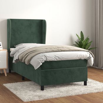 Cama Individual | Cama Box Spring | Cama Para Adultos Con Colchón Terciopelo Verde Oscuro 100x200 Cm Cfw272520