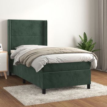 Cama Individual | Cama Para Adultos | Cama Box Spring Con Colchón Terciopelo Verde Oscuro 80x200 Cm Cfw59326