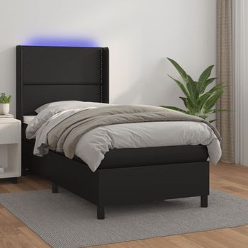 Cama Individual | Cama Box Spring | Cama Para Adultos Y Colchón Led Cuero Sintético Negro 80x200 Cm Cfw426333