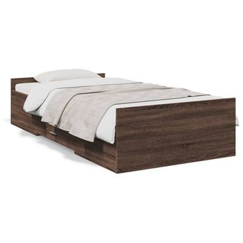 Cama Individual | Cama Para Adultos | Cama Con Cajones Madera De Ingeniería Marrón Roble 100x200 Cm Cfw53611