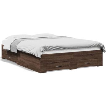 Cama Matrimonial | Cama Para Adultos | Cama Con Cajones Madera De Ingeniería Marrón Roble 135x190 Cm Cfw98107