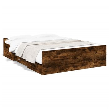 Cama Matrimonial | Cama Para Adultos | Cama Con Cajones Madera De Ingeniería Roble Ahumado 135x190 Cm Cfw53601