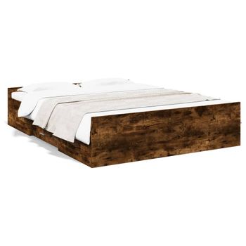 Cama Matrimonial | Cama Para Adultos | Cama Con Cajones Madera De Ingeniería Roble Ahumado 150x200 Cm Cfw242724