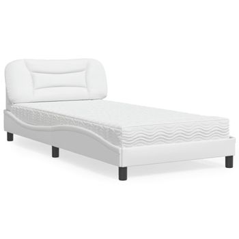 Cama Individual | Cama Para Adultos | Cama Con Colchón Cuero Sintético Blanco 100x200 Cm Cfw52813