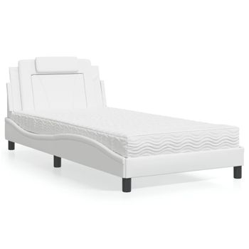 Cama Individual | Cama Para Adultos | Cama Con Colchón Cuero Sintético Blanco 100x200 Cm Cfw91841