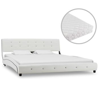 Cama Para Adultos | Cama Con Colchón Cuero Sintético Blanco 160x200 Cm Cfw269619