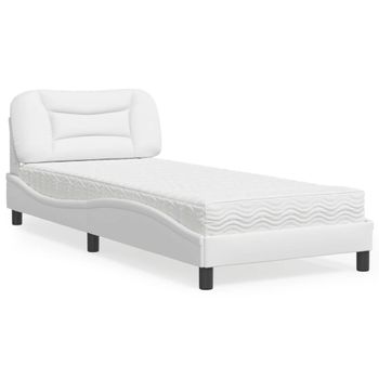 Cama Individual | Cama Para Adultos | Cama Con Colchón Cuero Sintético Blanco 90x200 Cm Cfw40341