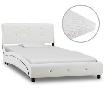 Cama Para Adultos | Cama Con Colchón Cuero Sintético Blanco 90x200 Cm Cfw203639