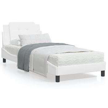 Cama Individual | Cama Para Adultos | Cama Con Colchón Cuero Sintético Blanco 90x200 Cm Cfw44503