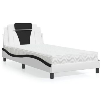 Cama Individual | Cama Para Adultos | Cama Con Colchón Cuero Sintético Blanco Y Negro 100x200 Cm Cfw24633