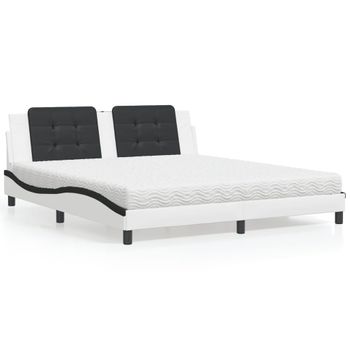 Cama Matrimonial | Cama Para Adultos | Cama Con Colchón Cuero Sintético Blanco Y Negro 180x200 Cm Cfw99764