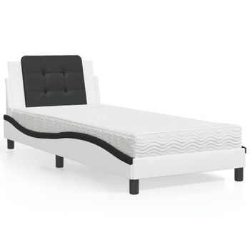 Cama Individual | Cama Para Adultos | Cama Con Colchón Cuero Sintético Blanco Y Negro 90x200 Cm Cfw83096