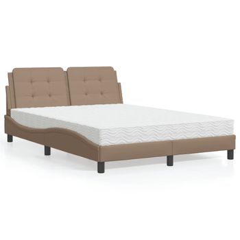 Cama Matrimonial | Cama Para Adultos | Cama Con Colchón Cuero Sintético Capuchino 140x190 Cm Cfw73978