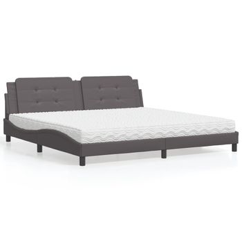 Cama Matrimonial | Cama Para Adultos | Cama Con Colchón Cuero Sintético Gris 200x200 Cm Cfw76165