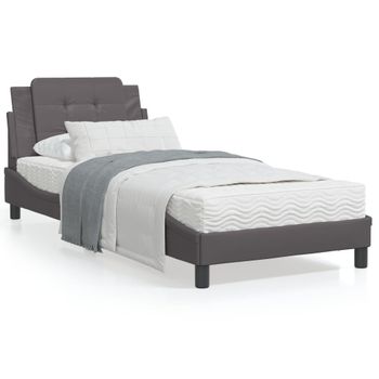 Cama Individual | Cama Para Adultos | Cama Con Colchón Cuero Sintético Gris 90x200 Cm Cfw74288