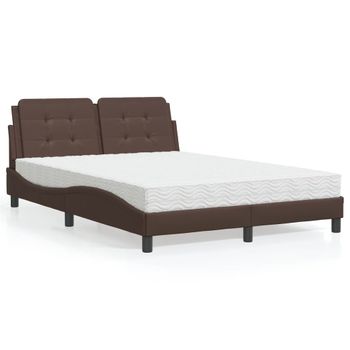 Cama Matrimonial | Cama Para Adultos | Cama Con Colchón Cuero Sintético Marrón 140x190 Cm Cfw62187