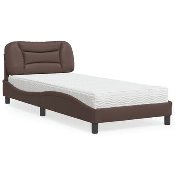 Cama Individual | Cama Para Adultos | Cama Con Colchón Cuero Sintético Marrón 90x200 Cm Cfw37486