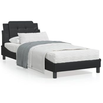 Cama Individual | Cama Para Adultos | Cama Con Colchón Cuero Sintético Negro 90x190 Cm Cfw31266