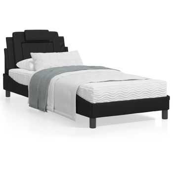 Cama Individual | Cama Para Adultos | Cama Con Colchón Cuero Sintético Negro 90x200 Cm Cfw39663