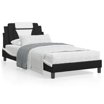 Cama Individual | Cama Para Adultos | Cama Con Colchón Cuero Sintético Negro Y Blanco 100x200 Cm Cfw47824