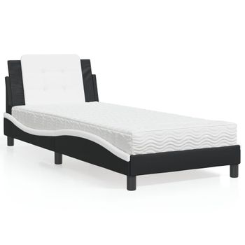 Cama Individual | Cama Para Adultos | Cama Con Colchón Cuero Sintético Negro Y Blanco 100x200 Cm Cfw18870