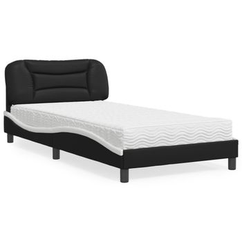 Cama Individual | Cama Para Adultos | Cama Con Colchón Cuero Sintético Negro Y Blanco 100x200 Cm Cfw89361