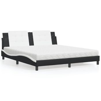 Cama Matrimonial | Cama Para Adultos | Cama Con Colchón Cuero Sintético Negro Y Blanco 180x200 Cm Cfw63753