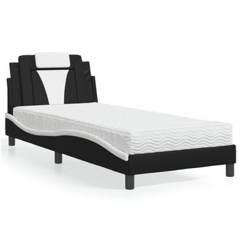 Cama Individual | Cama Para Adultos | Cama Con Colchón Cuero Sintético Negro Y Blanco 90x190 Cm Cfw88005