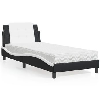 Cama Individual | Cama Para Adultos | Cama Con Colchón Cuero Sintético Negro Y Blanco 90x190 Cm Cfw67368