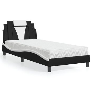 Cama Individual | Cama Para Adultos | Cama Con Colchón Cuero Sintético Negro Y Blanco 90x200 Cm Cfw37794