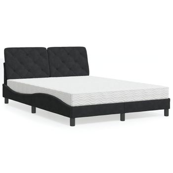 Cama Matrimonial | Cama Para Adultos | Cama Con Colchón Terciopelo Negro 140x200 Cm Cfw28822