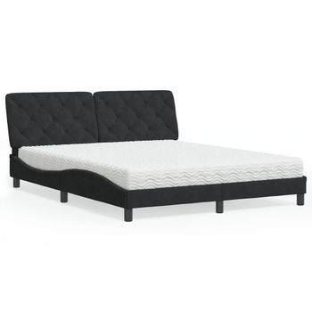 Cama Matrimonial | Cama Para Adultos | Cama Con Colchón Terciopelo Negro 160x200 Cm Cfw99078