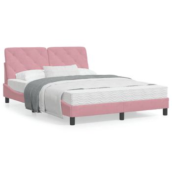 Cama Matrimonial | Cama Para Adultos | Cama Con Colchón Terciopelo Rosa 140x190 Cm Cfw23138