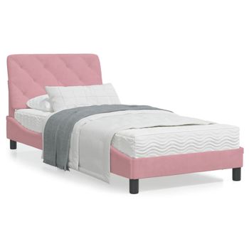 Cama Individual | Cama Para Adultos | Cama Con Colchón Terciopelo Rosa 90x190 Cm Cfw48334