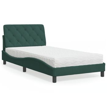 Cama Individual | Cama Para Adultos | Cama Con Colchón Terciopelo Verde Oscuro 100x200 Cm Cfw93276