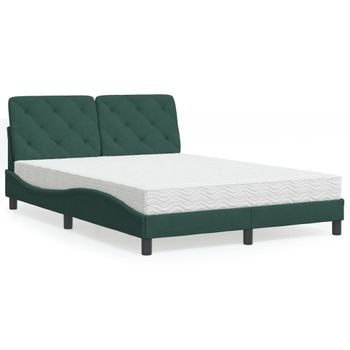 Cama Matrimonial | Cama Para Adultos | Cama Con Colchón Terciopelo Verde Oscuro 140x200 Cm Cfw71476