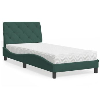 Cama Individual | Cama Para Adultos | Cama Con Colchón Terciopelo Verde Oscuro 90x200 Cm Cfw43134