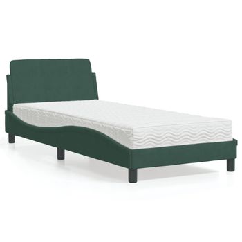 Cama Individual | Cama Para Adultos | Cama Con Colchón Terciopelo Verde Oscuro 90x200 Cm Cfw20756